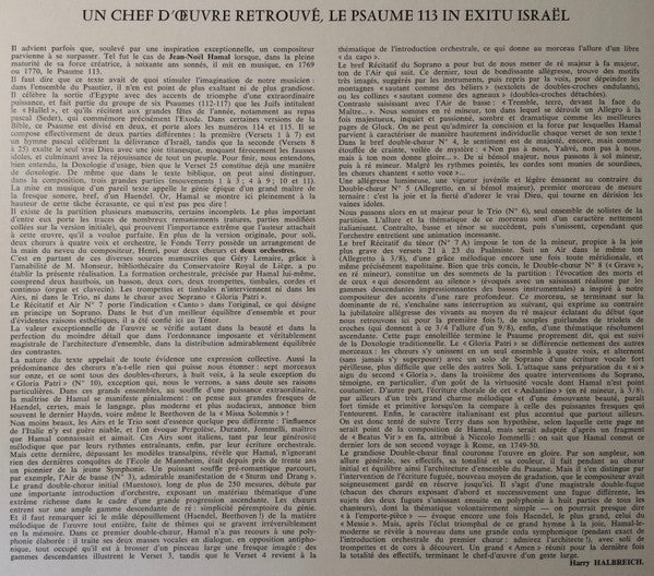 Jean-Noel Hamal, Solistes-Chorales Cantate De Gand, Audite Nova, Les Solistes De Liège , Dir. Géry Lemaire : In Exitu Israël, Psaume CXIII-Pour Soli, Double Choeur & Orchestre (LP, RP)