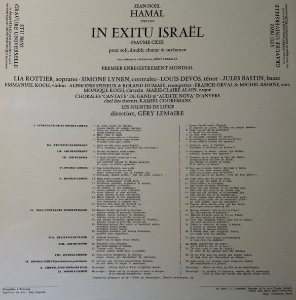 Jean-Noel Hamal, Solistes-Chorales Cantate De Gand, Audite Nova, Les Solistes De Liège , Dir. Géry Lemaire : In Exitu Israël, Psaume CXIII-Pour Soli, Double Choeur & Orchestre (LP, RP)