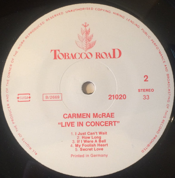 Carmen McRae : Live In Concert (LP)