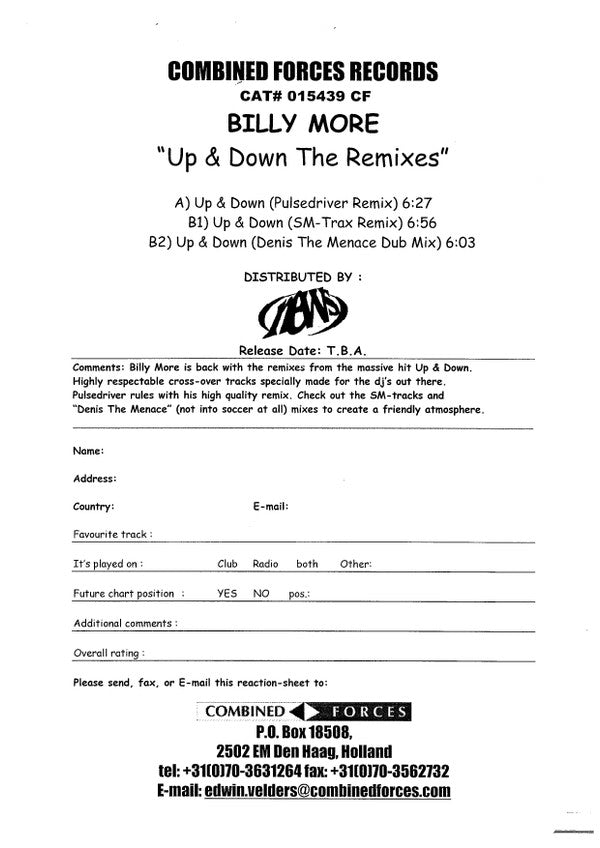 Billy More : Up & Down (12", Ltd, Promo)