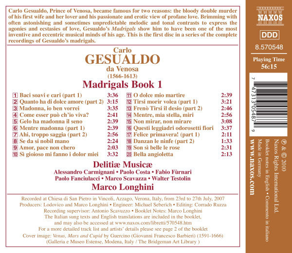 Carlo Gesualdo, Delitiæ Musicae, Marco Longhini (2) : Madrigals Book 1  (CD, Album)