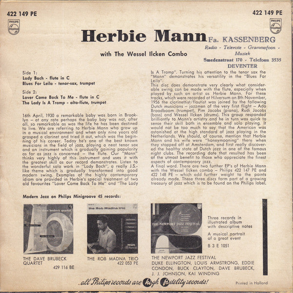 Herbie Mann With  The Wessel Ilcken Combo : Salute To The Flute III (7", EP)