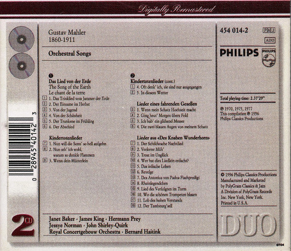 Gustav Mahler, Jessye Norman, Janet Baker, James King (3), Hermann Prey, John Shirley-Quirk, Concertgebouworkest, Bernard Haitink : Orchestral Songs (2xCD, Comp, RE)
