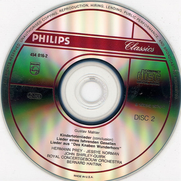 Gustav Mahler, Jessye Norman, Janet Baker, James King (3), Hermann Prey, John Shirley-Quirk, Concertgebouworkest, Bernard Haitink : Orchestral Songs (2xCD, Comp, RE)