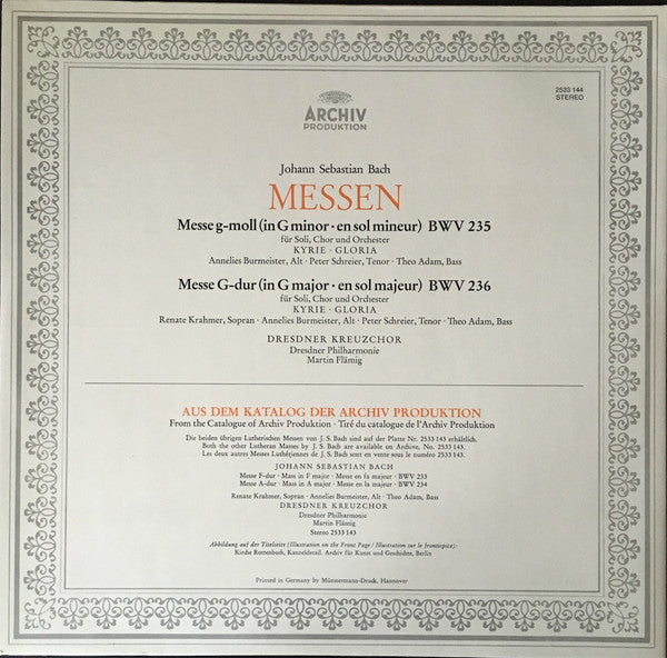 Dresdner Philharmonie, Martin Flämig, Renate Krahmer, Annelies Burmeister, Peter Schreier, Theo Adam, Johann Sebastian Bach : J.S. Bach: Messen (LP)
