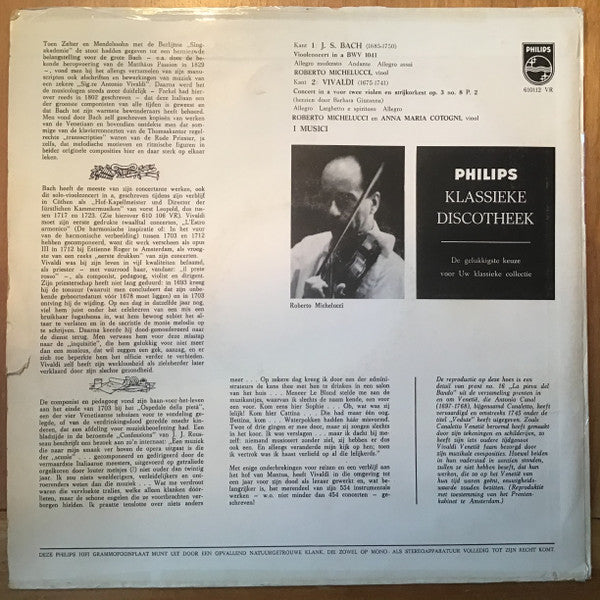 Roberto Michelucci : I Musici Bach (Vioolconcert In A) Vivaldi (Dubbelconcert Op. 3 No. 8) (10", MiniAlbum, Mono)