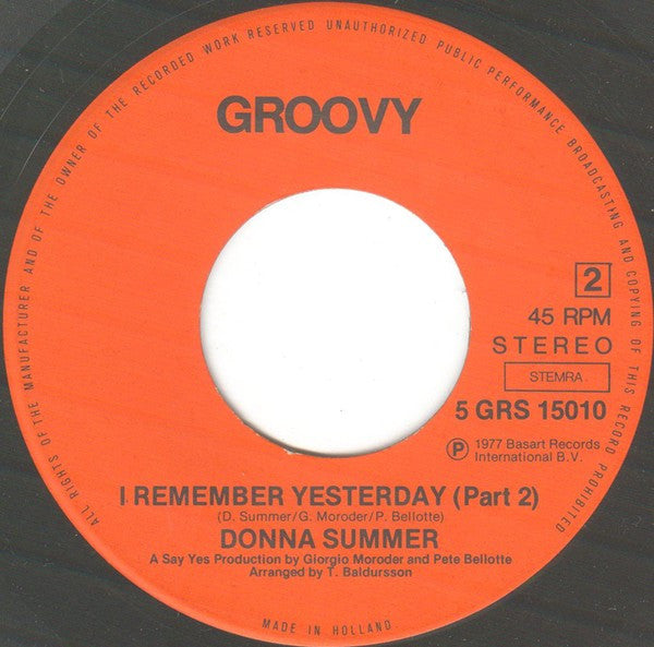 Donna Summer : I Remember Yesterday (Part 1/Part 2) (7", Single)
