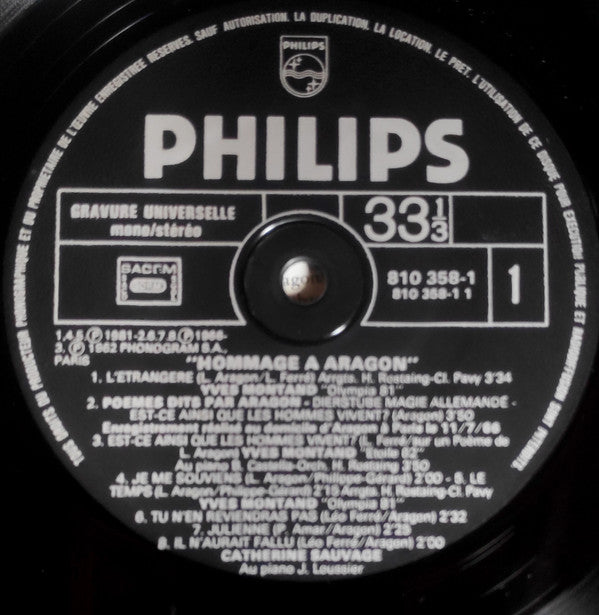 Yves Montand, Georges Brassens, Catherine Sauvage : Hommage à Aragon (LP, Comp)