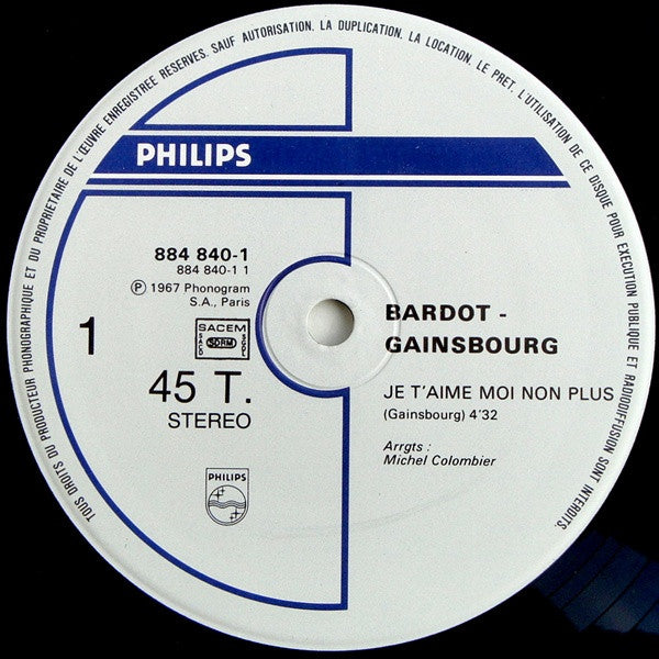 Brigitte Bardot - Serge Gainsbourg : Je T'aime Moi Non Plus (12", Maxi)