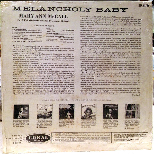 Mary Ann McCall : Melancholy Baby (LP, Album, Mono)