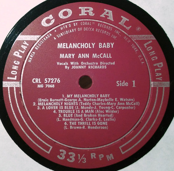 Mary Ann McCall : Melancholy Baby (LP, Album, Mono)