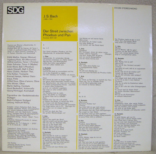 Johann Sebastian Bach, Edith Mathis, Ingeborg Ruß, Wilfried Jochims, Peter Schreier, Erich Wenk, Prof. Jakob Stämpfli, Figuralchor Der Gedächtniskirche Stuttgart, Bachcollegium Stuttgart, Helmuth Rilling : Der Streit Zwischen Phoebus Und Pan - Kantate BWV 201 (LP)