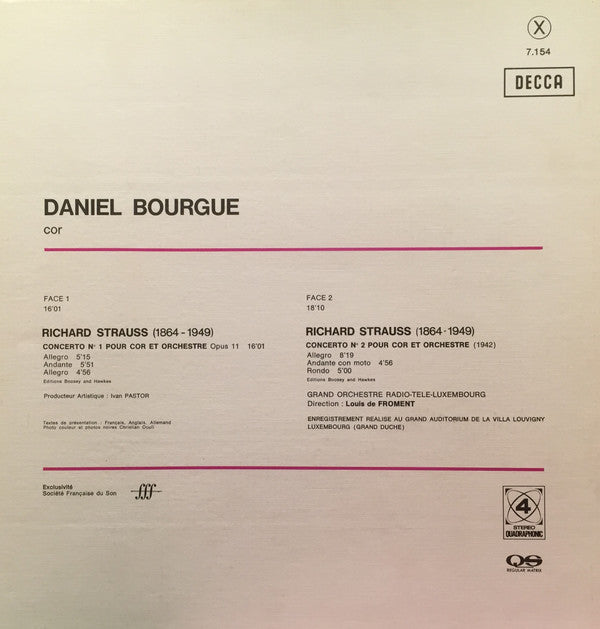Daniel Bourgue, Orchestra Of Radio Luxembourg : Richard Strauss Concertos Nos.1 Et 2 Pour Cor Et Orchestre (LP, Album, Quad)