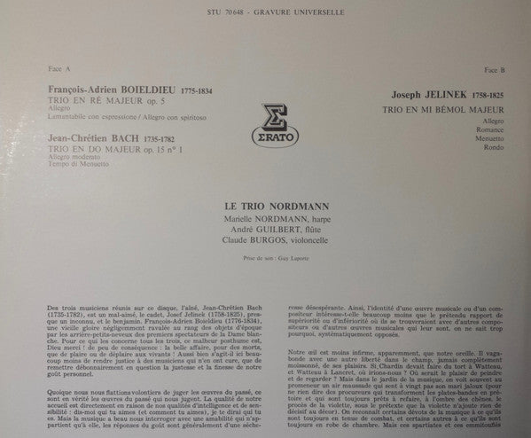 Johann Christian Bach, François-Adrien Boieldieu, Joseph Jelinek, Le Trio Nordmann : 3 Trios (LP)