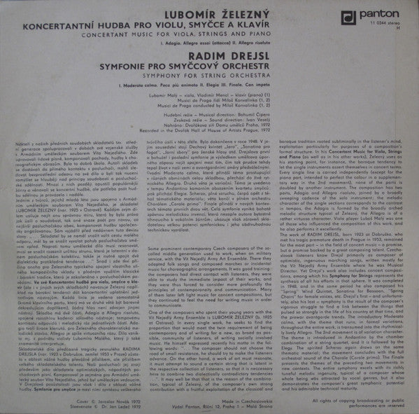 Lubomír Železný / Radim Drejsl - Musici De Praga, Miloš Konvalinka, Lubomír Malý : Koncertní Hudba Pro Violu, Smyčce A Klavír = Concertant Music For Viola, Strings And Piano / Symfonie Pro Smyčcový Orchestr = Symphony For String Orchestra (LP)