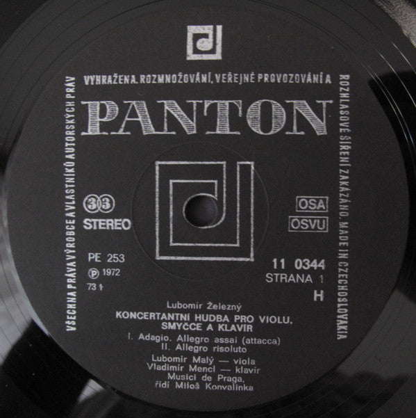 Lubomír Železný / Radim Drejsl - Musici De Praga, Miloš Konvalinka, Lubomír Malý : Koncertní Hudba Pro Violu, Smyčce A Klavír = Concertant Music For Viola, Strings And Piano / Symfonie Pro Smyčcový Orchestr = Symphony For String Orchestra (LP)