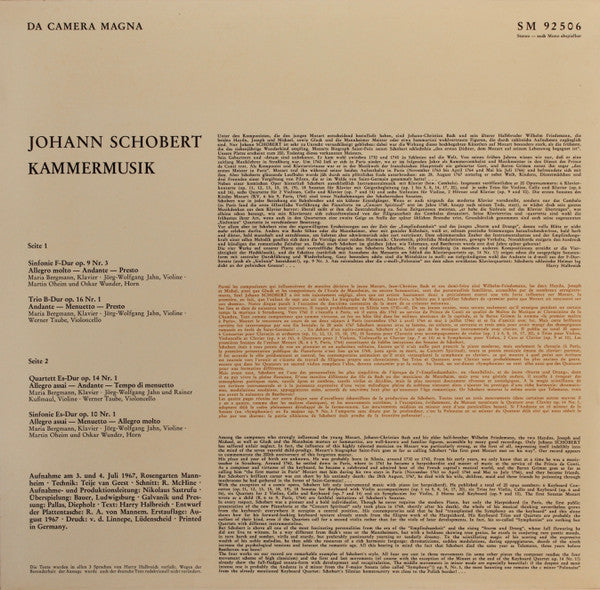 Johann Schobert : Sinfonies Pour Le Clavecin Seul. (LP)