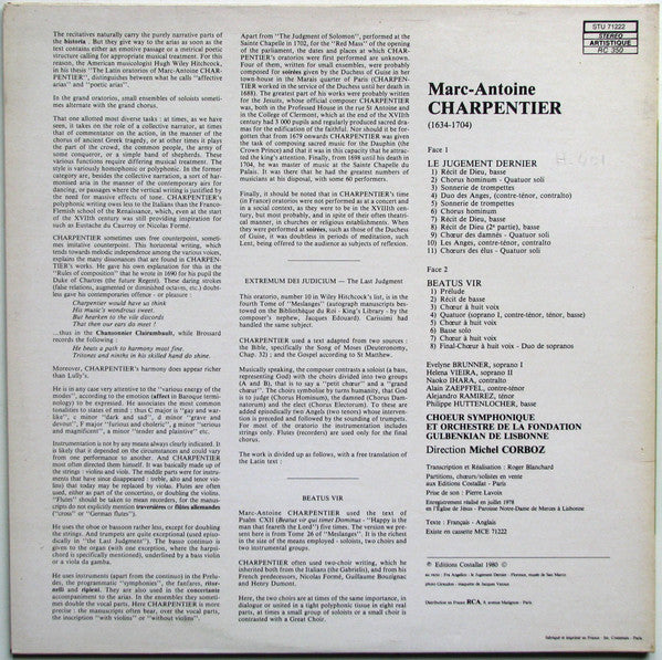 Marc Antoine Charpentier / Chorus Of The Gulbenkian Foundation & Gulbenkian Orchestra, Michel Corboz : Le Jugement Dernier / Beatus Vir (LP, Album)