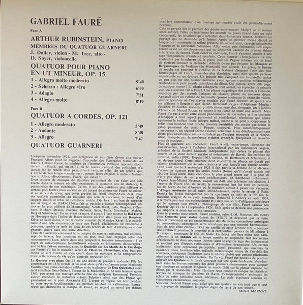 Gabriel Fauré - Arthur Rubinstein • Guarneri Quartet : Piano Quartet In C Minor, Op. 15 / String Quartet, Op. 121 (LP)