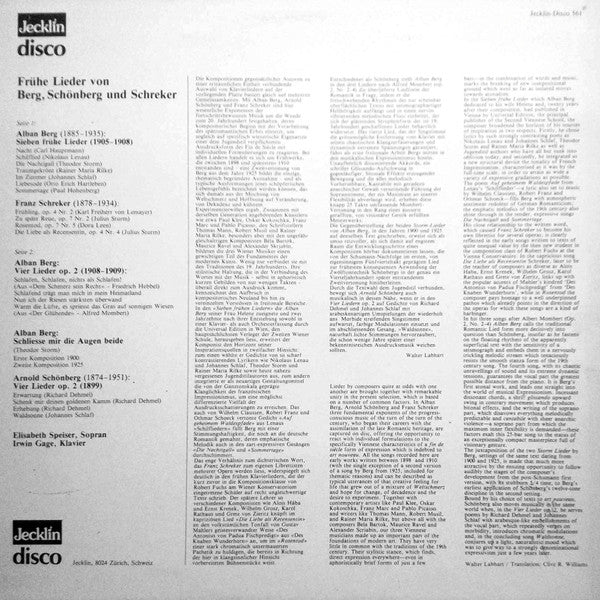 Elisabeth Speiser, Irwin Gage : Frühe Lieder (Alban Berg, Arlond Schönberg, Franz Schreker) (LP)