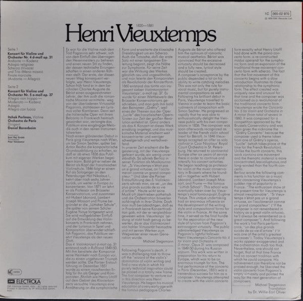 Henri Vieuxtemps / Itzhak Perlman, Orchestre De Paris : Daniel Barenboim : Violinkonzerte Nr. 4 D-moll • Nr. 5 A-moll (LP)