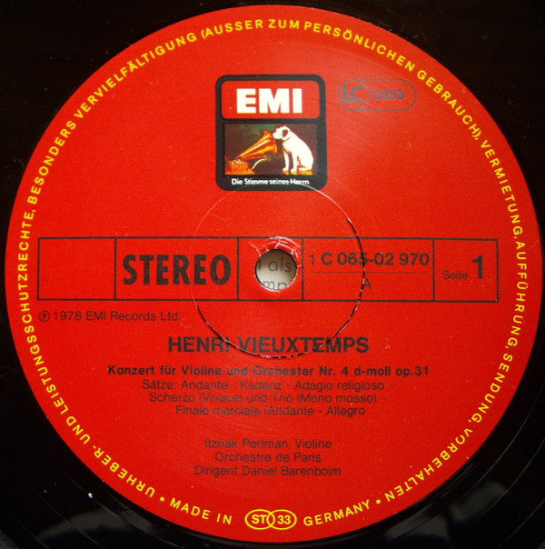 Henri Vieuxtemps / Itzhak Perlman, Orchestre De Paris : Daniel Barenboim : Violinkonzerte Nr. 4 D-moll • Nr. 5 A-moll (LP)