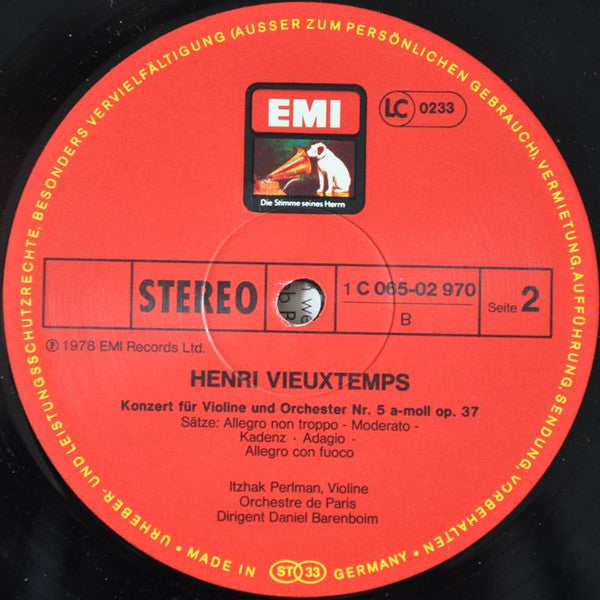 Henri Vieuxtemps / Itzhak Perlman, Orchestre De Paris : Daniel Barenboim : Violinkonzerte Nr. 4 D-moll • Nr. 5 A-moll (LP)