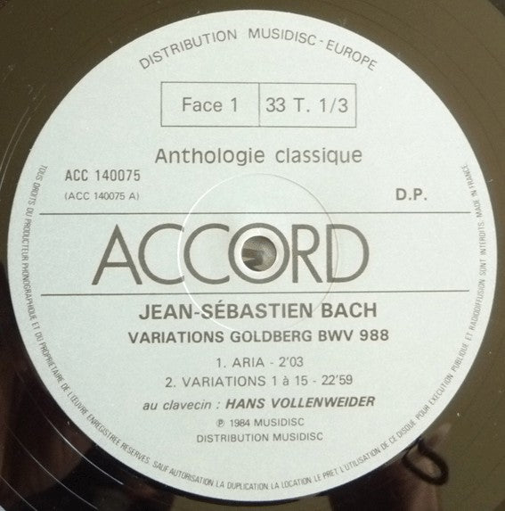 Johann Sebastian Bach, Hans Vollenweider : Variations Goldberg BWV 988 (LP, Album)