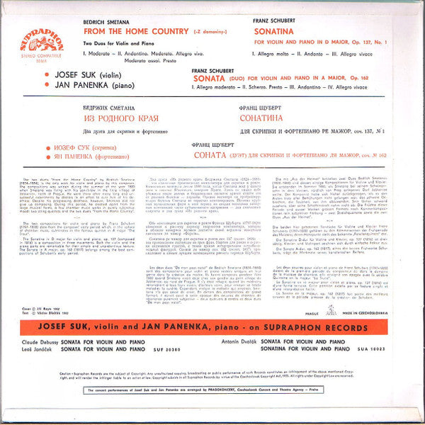 Bedřich Smetana - Franz Schubert - Josef Suk, Jan Panenka : From The Home Country / Sonatina - Sonata In A Major (LP, RP, Red)