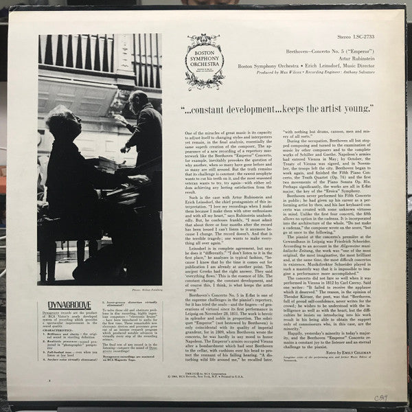 Beethoven* / Arthur Rubinstein, Erich Leinsdorf Conducts Boston Symphony Orchestra : "Emperor" Concerto (LP, Album)