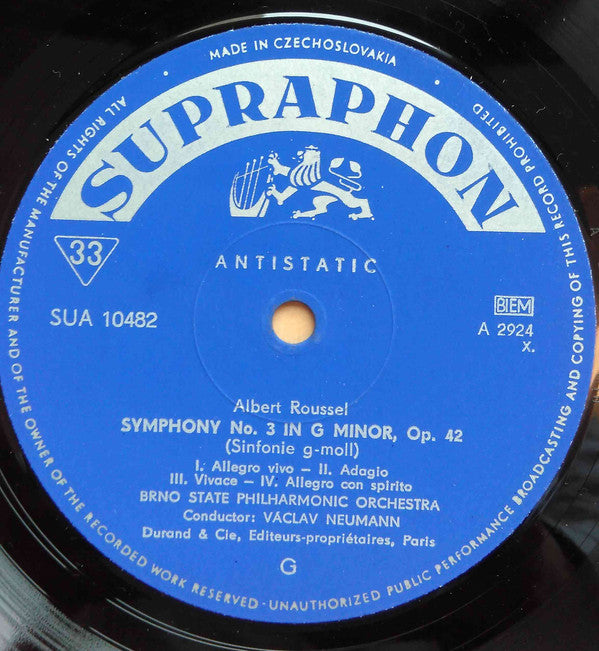 Albert Roussel - Brno State Philharmonic Orchestra, Václav Neumann : Symphony No. 3 / Bacchus And Ariadne II (LP, Mono)