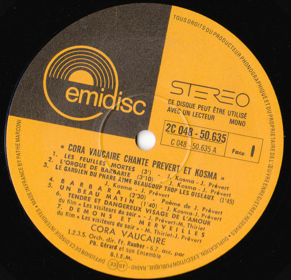 Jacques Prévert / Joseph Kosma - Cora Vaucaire : Chante Prévert Et Kosma (LP, Comp)