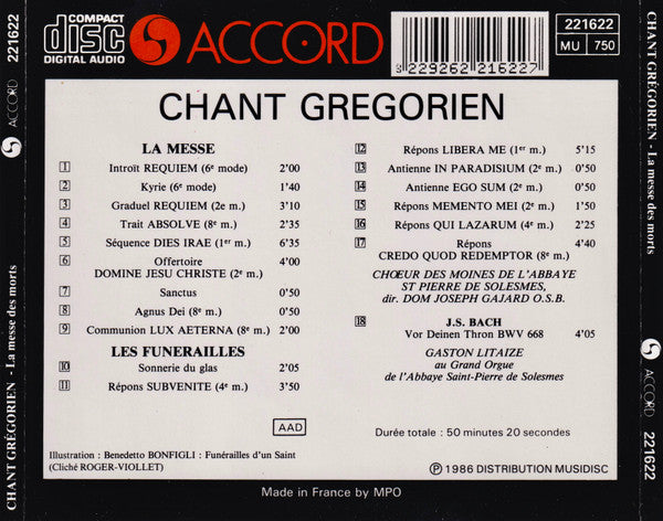 Chœur Des Moines De L'Abbaye Saint-Pierre De Solesmes Direction Dom Joseph Gajard : Chant Grégorien: La Messe Des Morts - Les Funérailles (CD, Album, RE)
