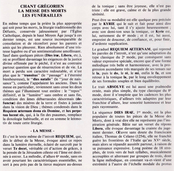 Chœur Des Moines De L'Abbaye Saint-Pierre De Solesmes Direction Dom Joseph Gajard : Chant Grégorien: La Messe Des Morts - Les Funérailles (CD, Album, RE)