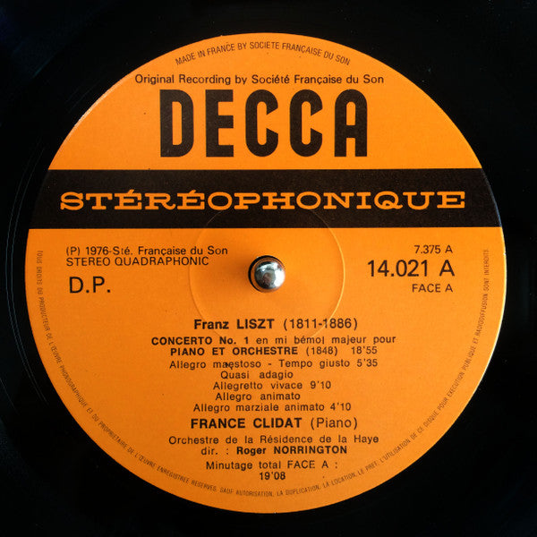 Franz Liszt, France Clidat, Orchestre De La Résidence De La Haye*, Roger Norrington : Concertos Nos. 1 Et 2 Pour Piano Et Orchestre (LP, Quad)