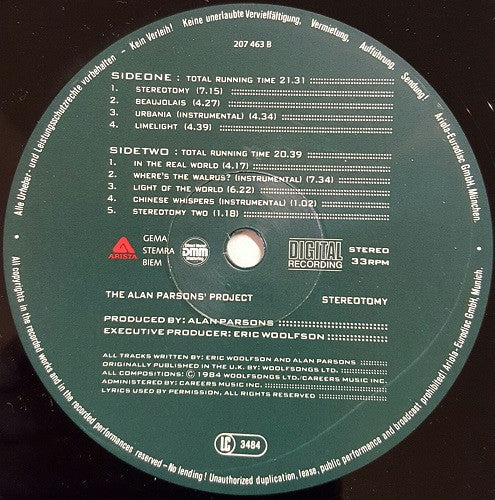 The Alan Parsons Project : Stereotomy (LP, Album, Son)