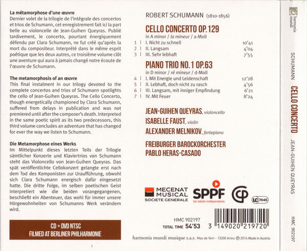 Robert Schumann – Jean-Guihen Queyras, Isabelle Faust, Alexander Melnikov, Freiburger Barockorchester, Pablo Heras-Casado : Cello Concerto (CD + DVD-V, NTSC)