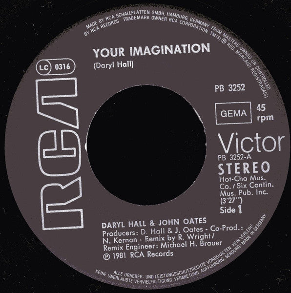 Daryl Hall & John Oates : Your Imagination (7", Single)