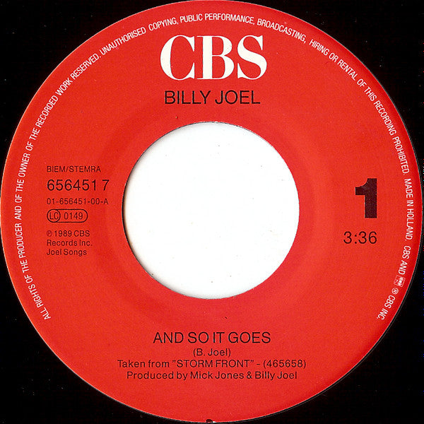 Billy Joel : And So It Goes (7", Single)