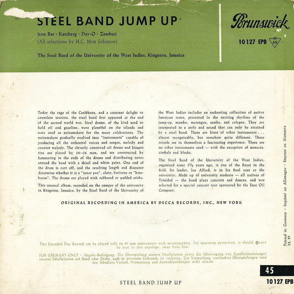 The University College Of The West Indies Steel Band : Steel Band Jump Up (7", EP, Mono)