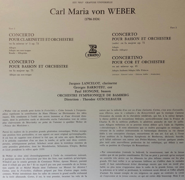 C.M. von Weber* - Jacques Lancelot - Paul Hongne - Georges Barboteu - Orchestre Symphonique De Bamberg*, Theodor Guschlbauer : Trois Concertos (LP, Gat)