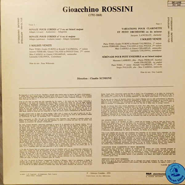Gioacchino Rossini / Jacques Lancelot, I Solisti Veneti Dir: Claudio Scimone : Deux Sonates Pour Orchestre À Cordes (LP, Album)