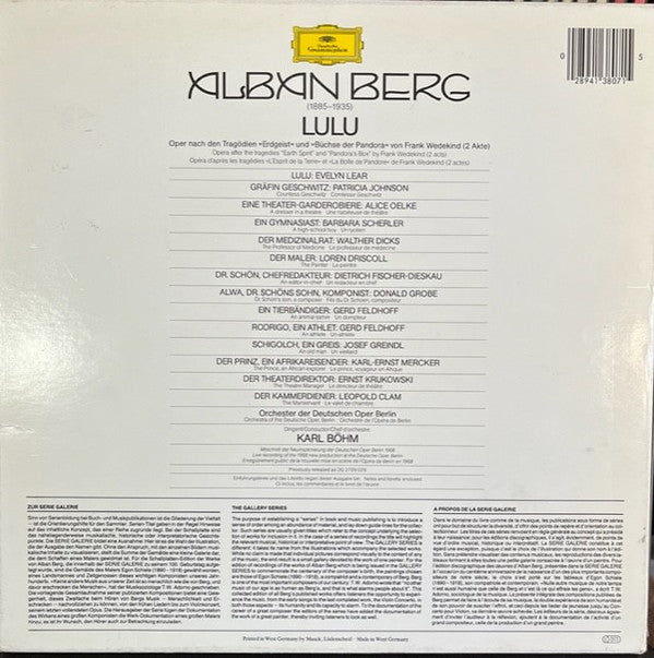 Alban Berg, Evelyn Lear, Patricia Johnson (3), Dietrich Fischer-Dieskau, Donald Grobe, Orchester Der Deutschen Oper Berlin, Karl Böhm : Lulu (3xLP)