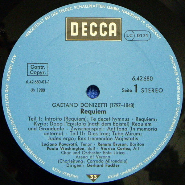 Gaetano Donizetti, Viorica Cortez, Luciano Pavarotti, Renato Bruson, Paolo Washington, Orchestra Ente Lirico Arena Di Verona, Gerhard Fackler : Requiem (LP, Album)