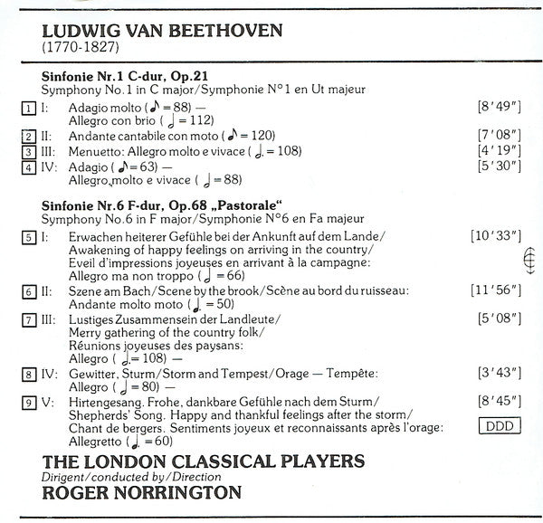Ludwig van Beethoven - London Classical Players, Roger Norrington : Sinfonien = Symphonies 1 & 6 "Pastorale" (CD, Album)
