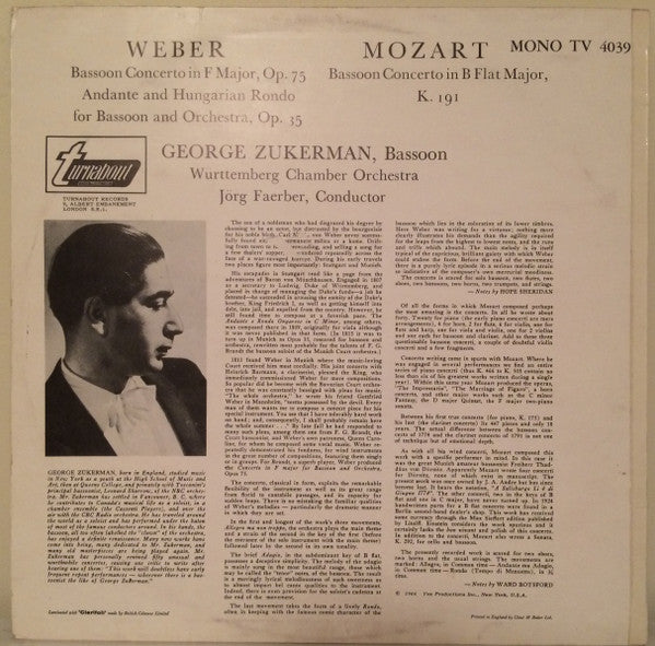 George Zukerman, Württembergisches Kammerorchester, Jörg Faerber : Weber / Mozart: Bassoon Concerti (LP, Mono)