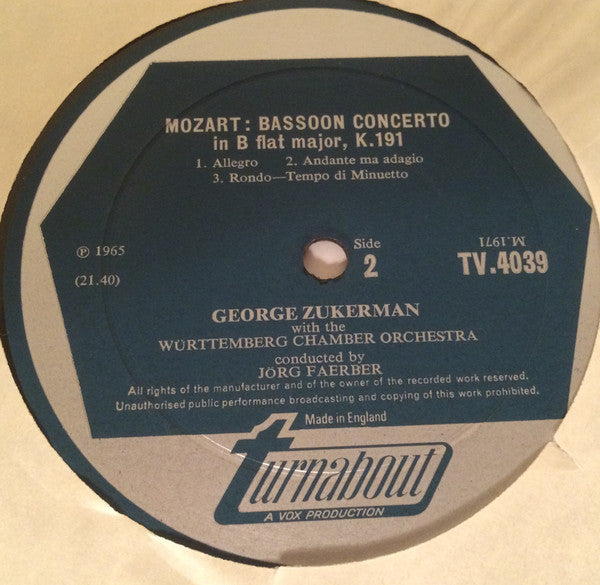 George Zukerman, Württembergisches Kammerorchester, Jörg Faerber : Weber / Mozart: Bassoon Concerti (LP, Mono)