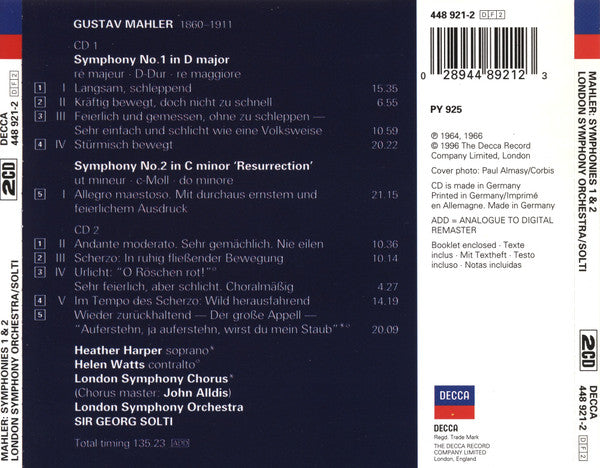 Gustav Mahler - Georg Solti, Heather Harper, Helen Watts, London Symphony Orchestra & London Symphony Chorus : Symphonies N° 1 & 2 (2xCD, Comp, RE)