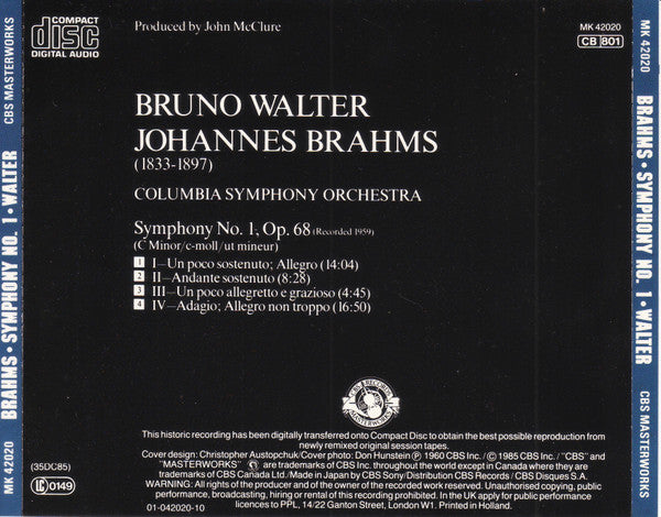 Johannes Brahms - Bruno Walter - Columbia Symphony Orchestra : Symphony No. 1 (CD, Album, RE, RM)