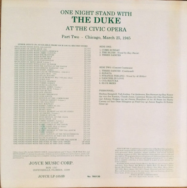 Duke Ellington : One Night Stand With The Duke At The Civic Opera - Part Two - Chicago, March 25, 1945 (LP)